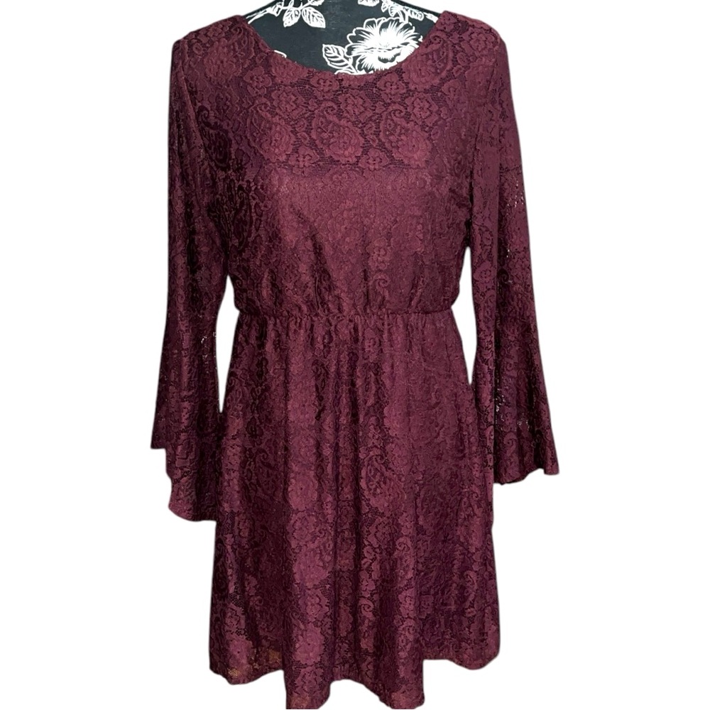 REWIND Burgundy Lace Bell Sleeve Mini Dress